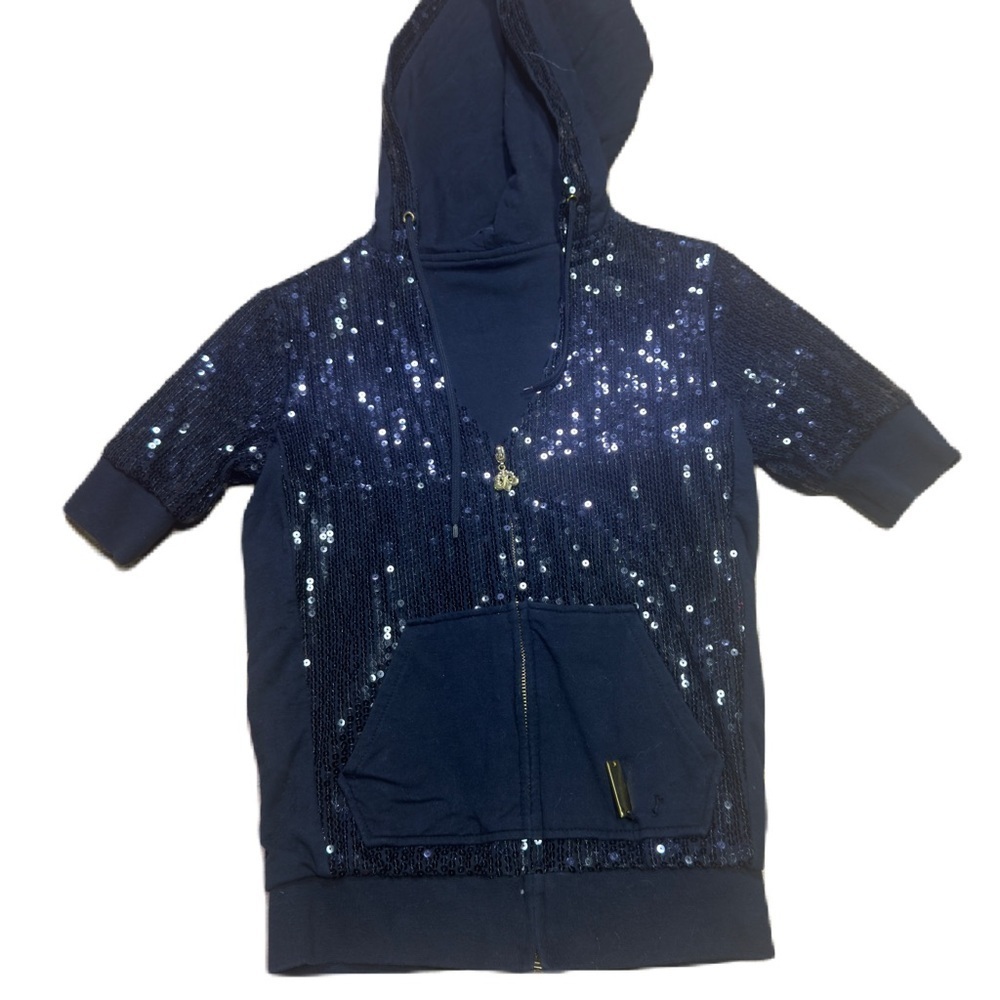 _Derion Women's Short Sleeve Zip-Up Hoodie - Sequin Detail - New